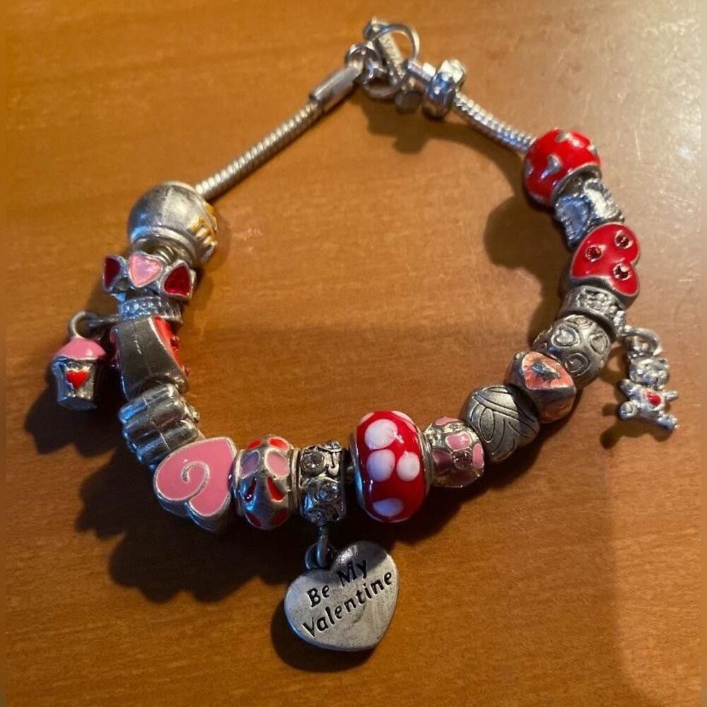 Multicolor Glass Charm Bracelet Women’s 7 Inch Valentine Heart Love Jewelry